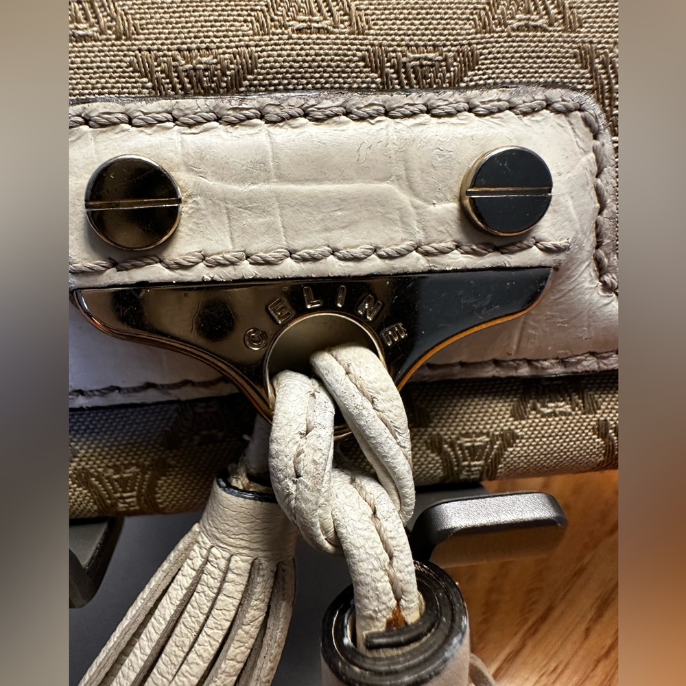 Celine Cream/Tan Leather & Canvas Asymmetrical Tassel Long Wallet - Picture 2 of 7